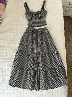 Sienna Sky Black and White Gingham Smocked Crop Top & Tiered Maxi Skirt Set